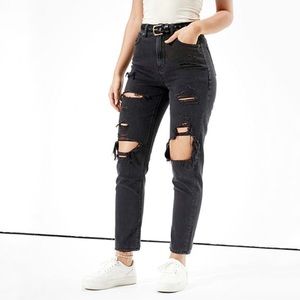American Eagle High Waisted Distressed Mom Jean Black Size 10 Black